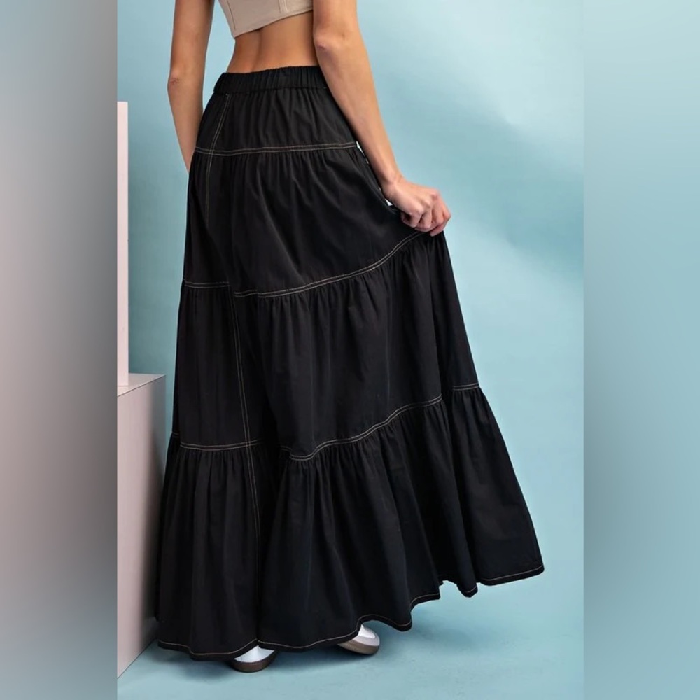 Revel Talia Black Maxi tiered denim Skirt- size small